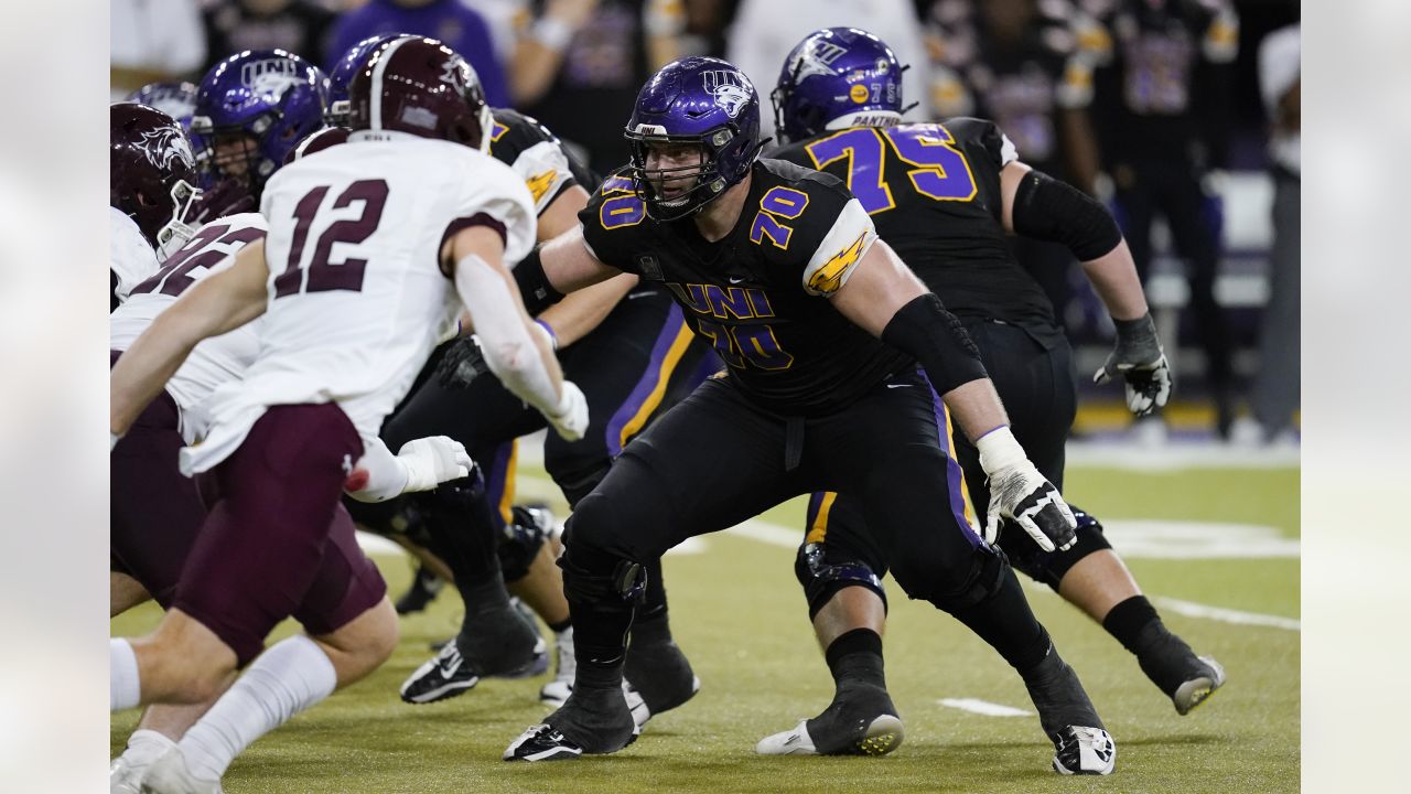 Northern Iowa offensive lineman Trevor Penning (70) looks to make a block  during an NCAA college football game against Southern Illinois, Saturday,  Oct. 30, 2021, in Cedar Falls, Iowa. (AP Photo/Charlie Neibergall