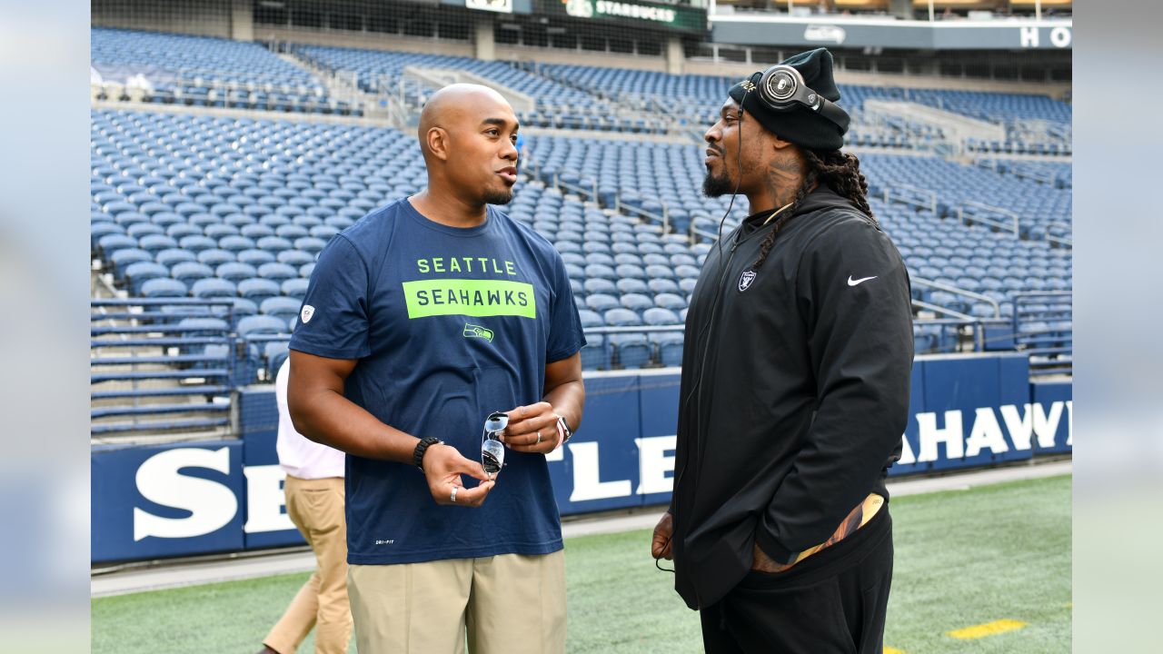 Seattle Seahawks running back Marshawn Lynch (24) walks the sidelines as he  sits out the fourth quarter in the against the New Orleans Saints at  CenturyLink Field in Seattle, Washington on December