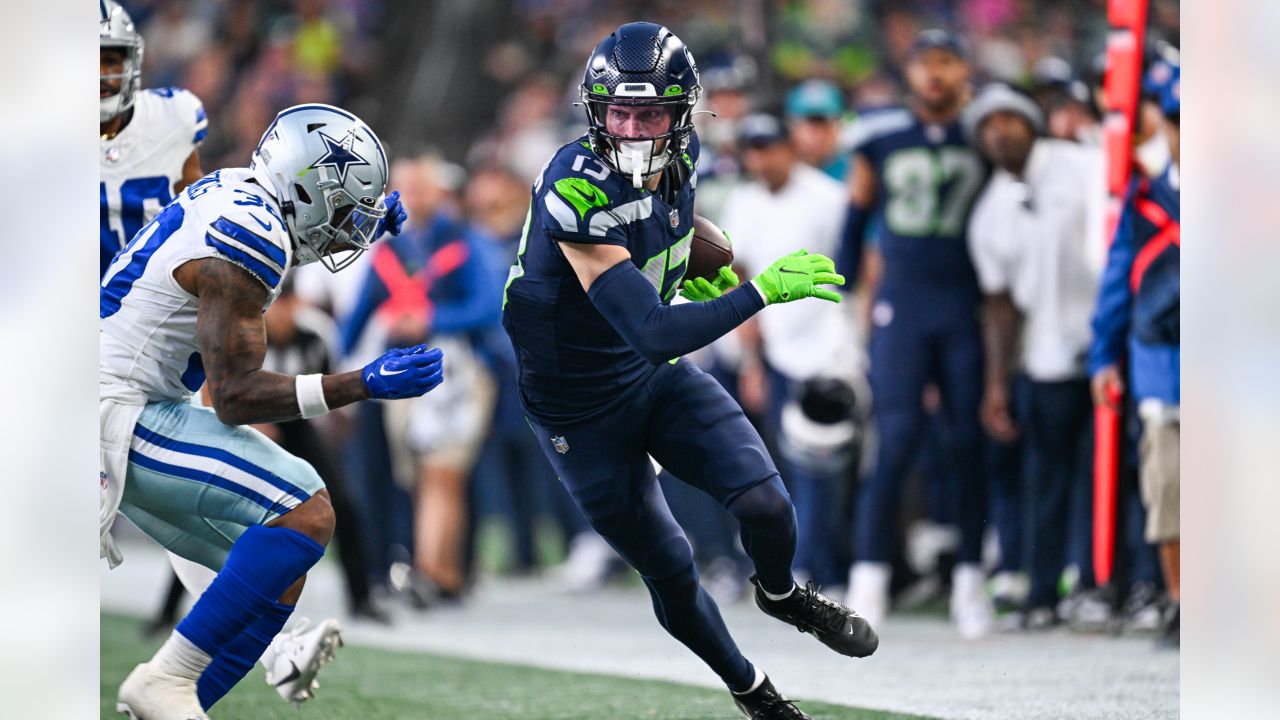 Seattle Seahawks quarterback Holton Ahlers looks to pass against the Dallas  Cowboys during the first half of a preseason NFL football game Saturday,  Aug. 19, 2023, in Seattle. (AP Photo/Stephen Brashear Stock