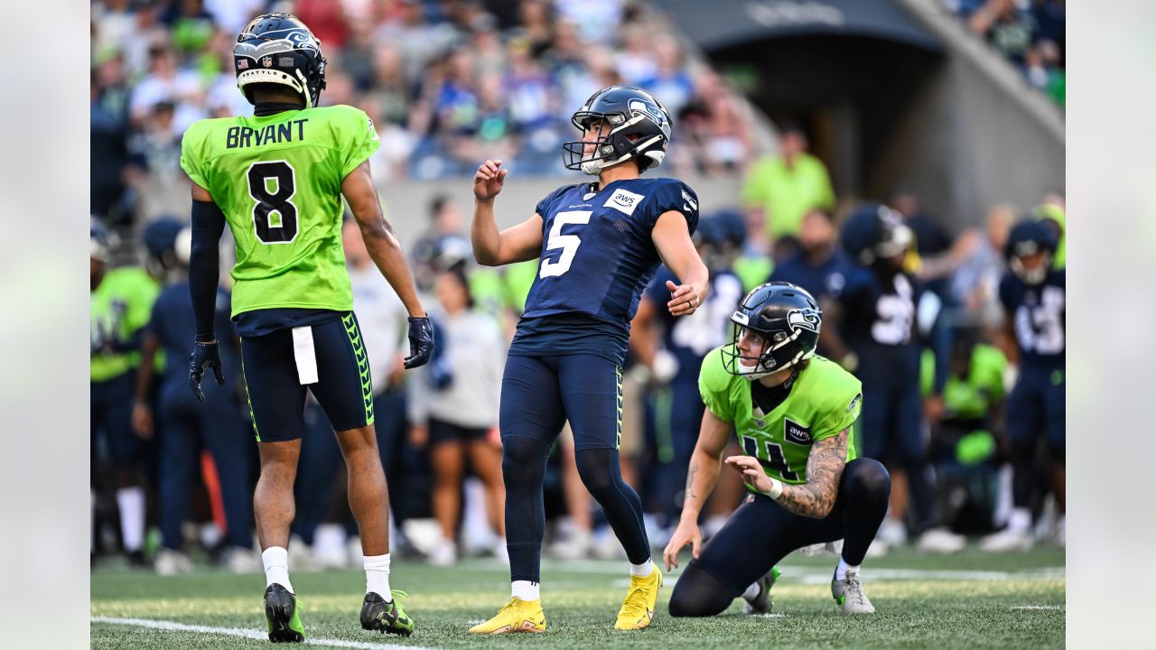 Seattle Seahawks kicker Jason Myers (5) warms up before an NFL