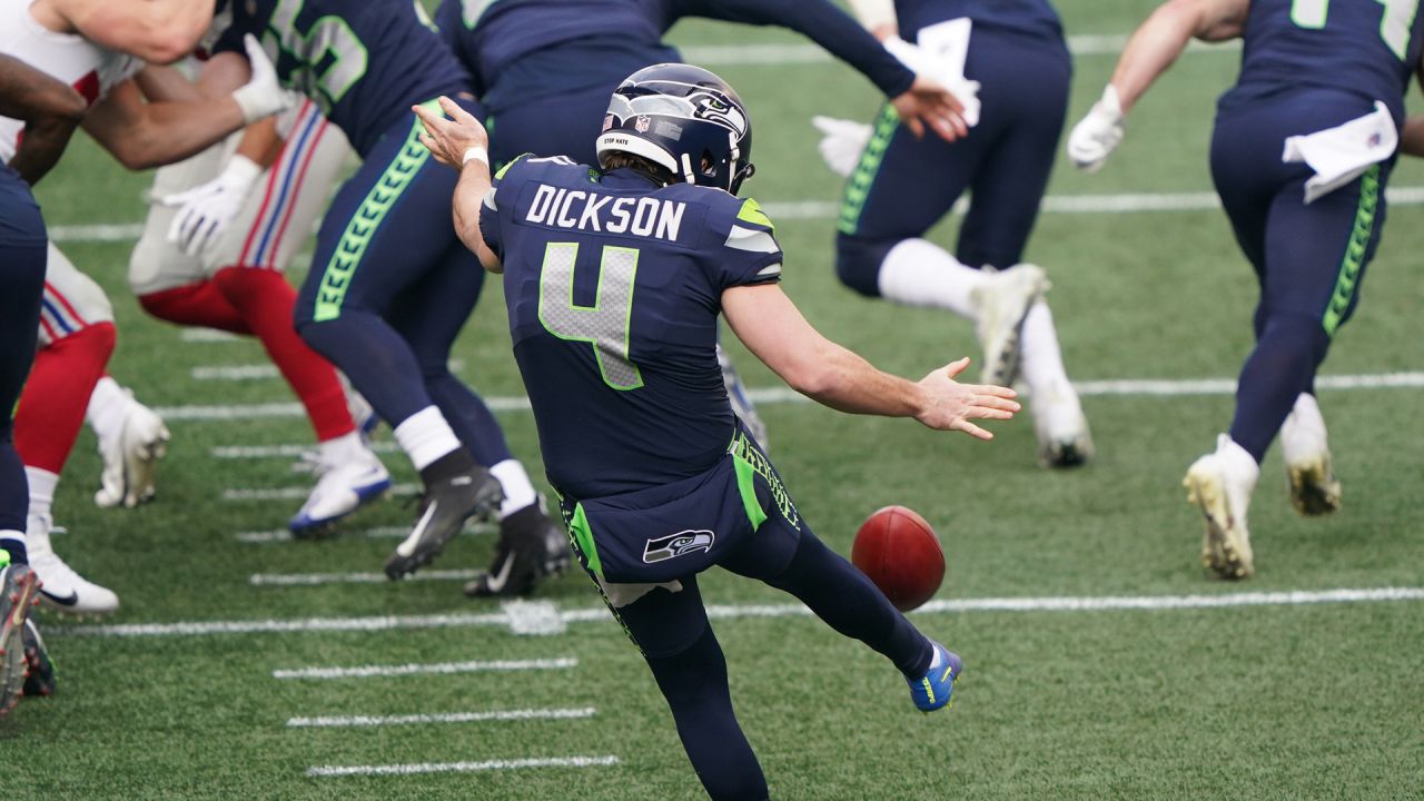 Seattle Seahawks punter Michael Dickson (4) wears an international flag  decal and a Crucial Catch logo on his helmet during an NFL football game  against the New Orleans Saints, Sunday, Oct. 9