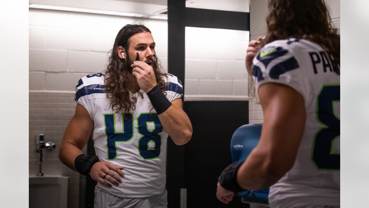 Seattle Seahawks wide receiver Jaxon Smith-Njigba (11) stands with  teammates including tight end Will Dissly (89) and tight end Colby  Parkinson (84) May 22, 2023, at the team's NFL football training facility