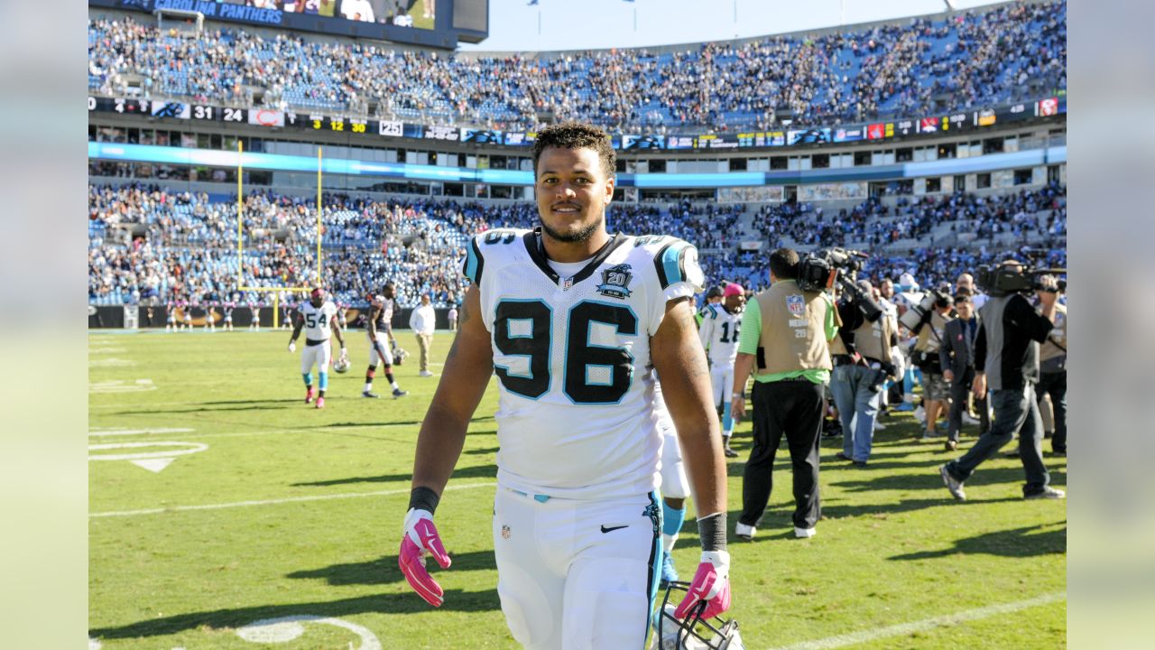 Carolina Panthers' Kony Ealy (94) walks to the line as he faces the Kansas  City Chiefs during the second half of an NFL football game in Charlotte,  N.C., Sunday, Aug. 17, 2014.