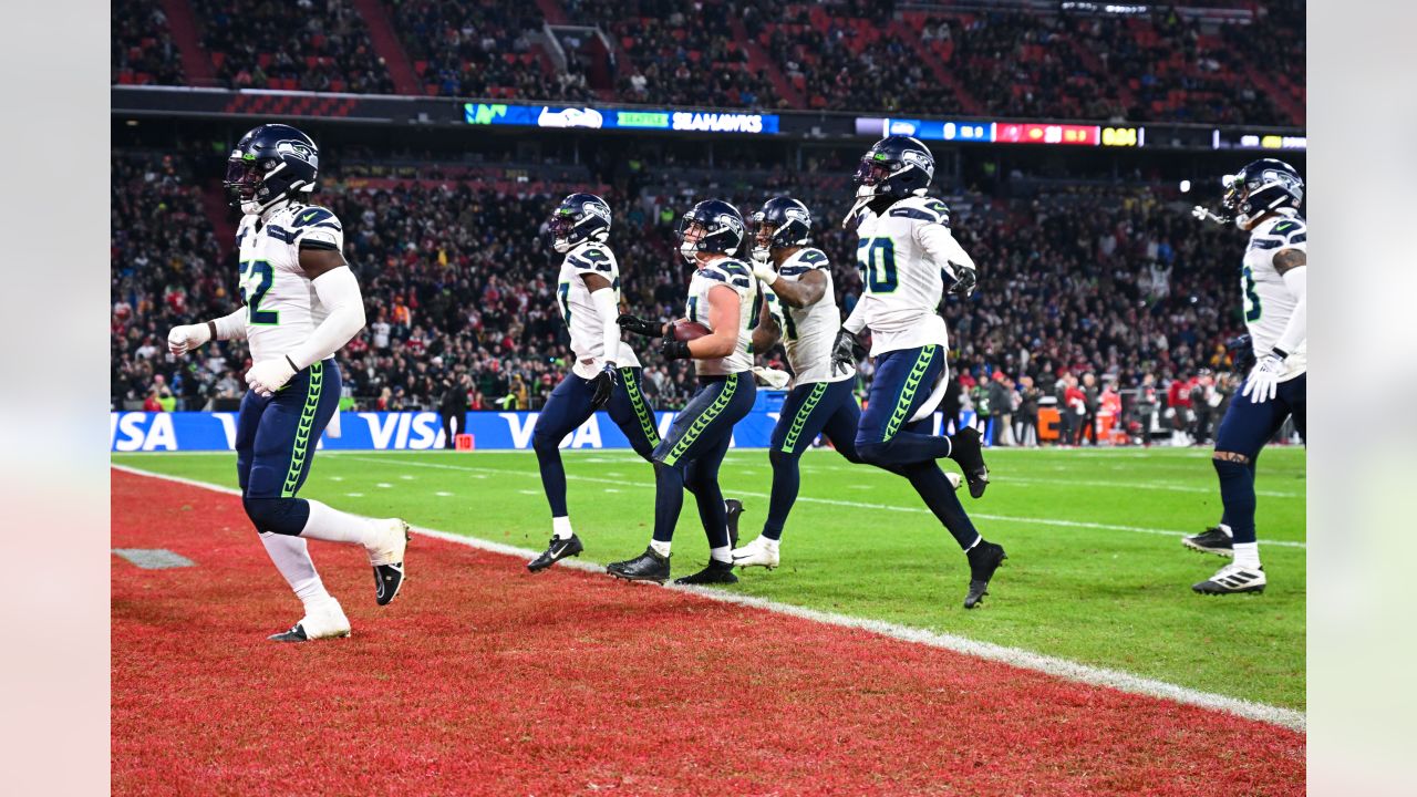 Seattle Seahawks linebacker Cody Barton picks off Tampa Bay Buccaneers  quarterback Tom Brady's underneath throw for a critical interception