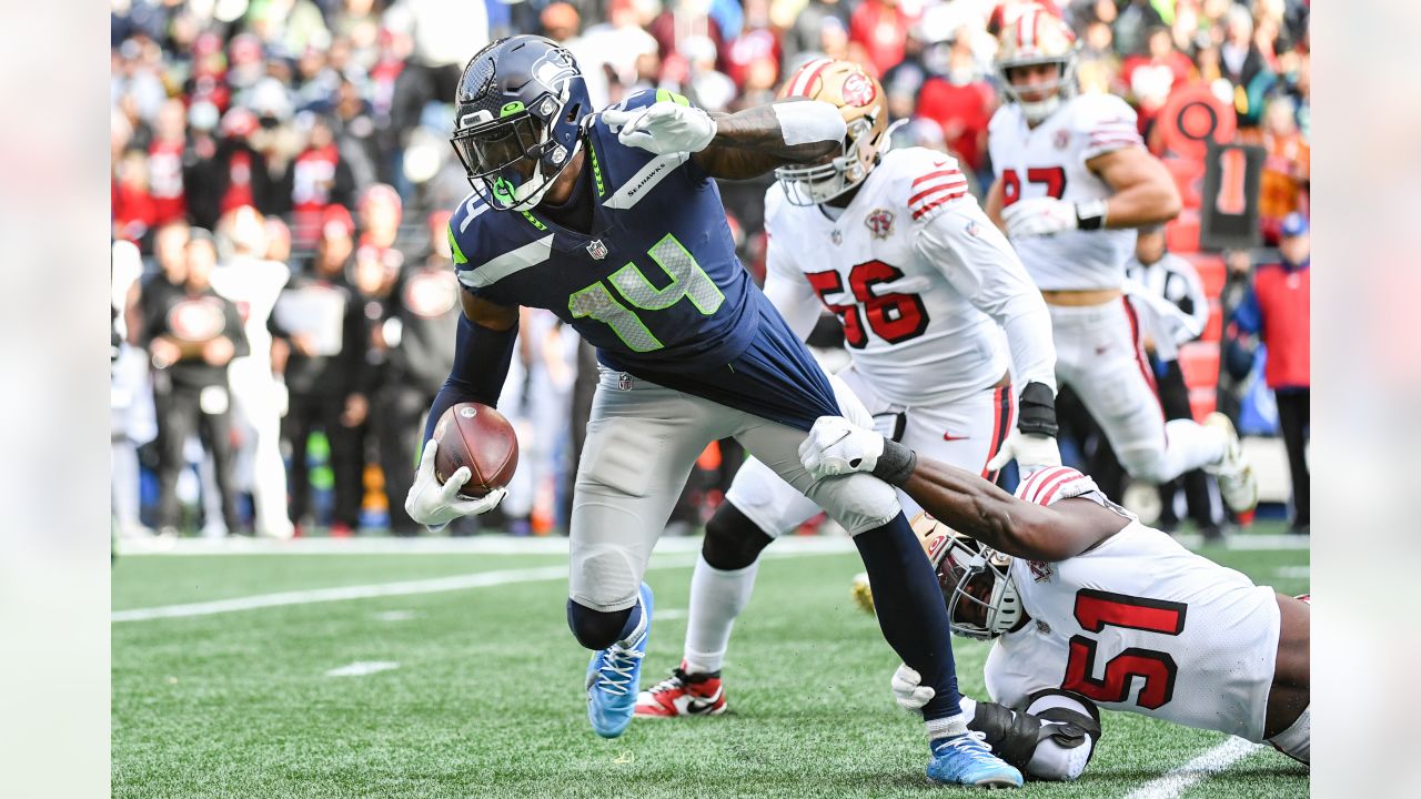 September 17, 2017: Seattle Seahawks linebacker Bobby Wagner (54) runs with  the ball after an interception during a game between the San Francisco  49ers and the Seattle Seahawks at CenturyLink Field in