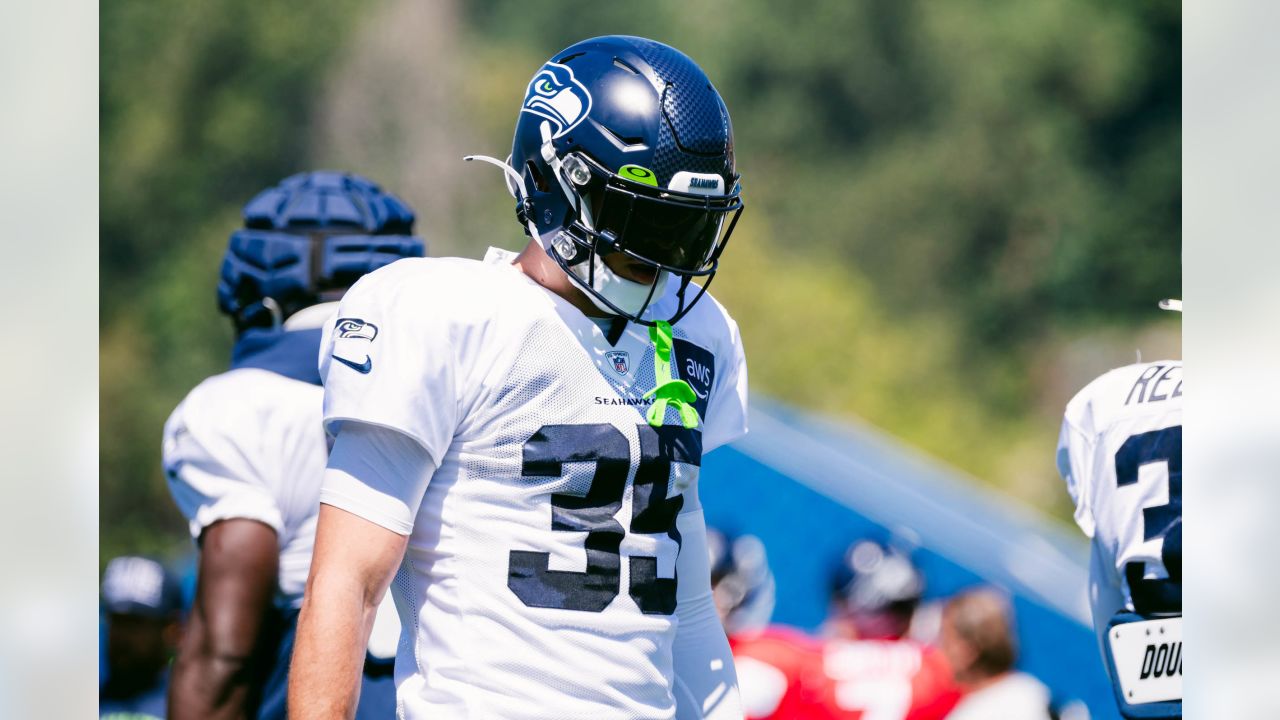 Seattle Seahawks center Evan Brown looks on during the NFL football team's  training camp, Wednesday, Aug. 9, 2023, in Renton, Wash. (AP Photo/Lindsey  Wasson Stock Photo - Alamy