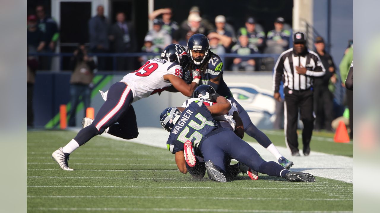 Seattle Seahawks fullback Tre Madden (38) runs for a 66-yard gain after  catching a short pass in the third quarter against the Houston Texans at  CenturyLink Field in Seattle, Washington on October