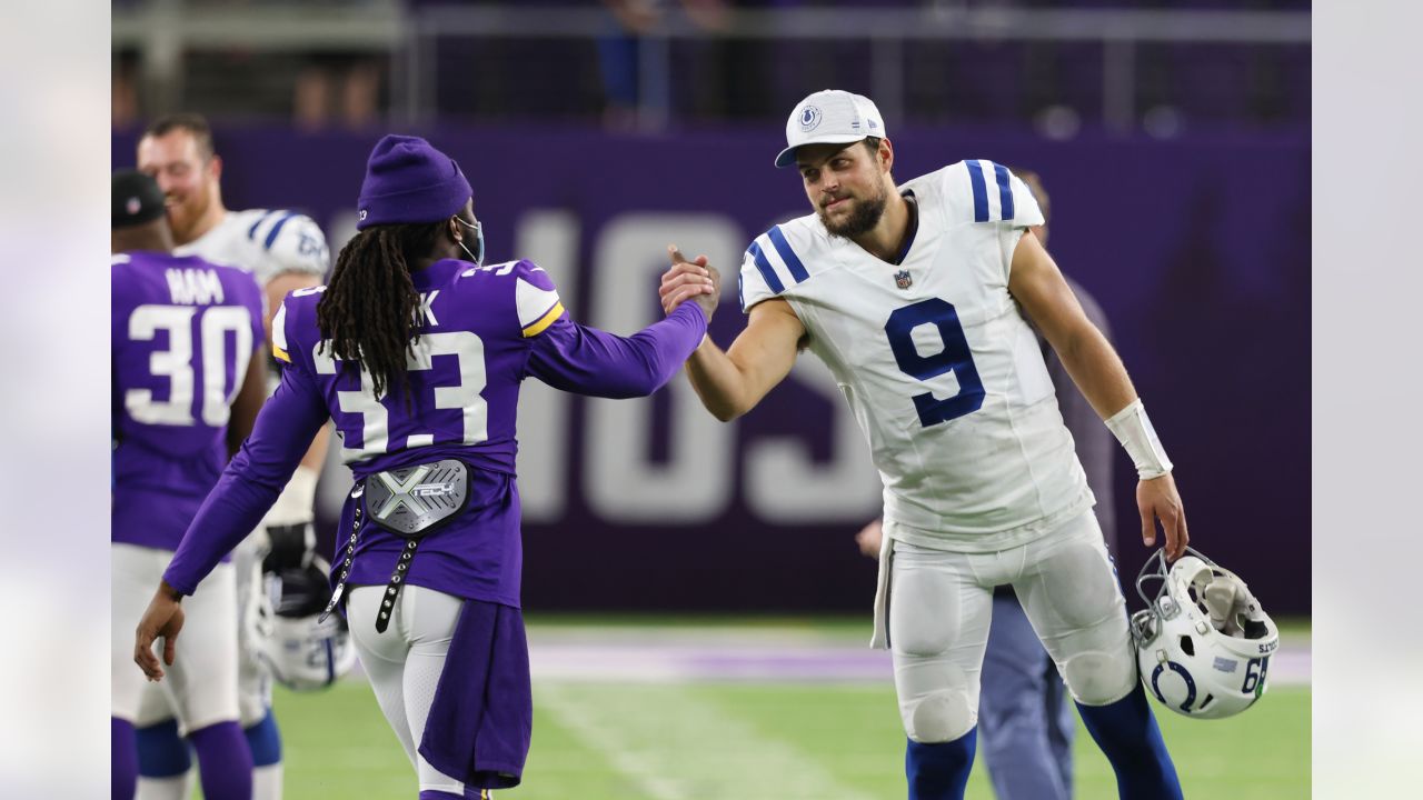 Indianapolis Colts quarterback Jacob Eason (9) warms up on the field before  an NFL football game against the Seattle Seahawks, Sunday, Sept. 12, 2021,  in Indianapolis. (AP Photo/Zach Bolinger Stock Photo - Alamy