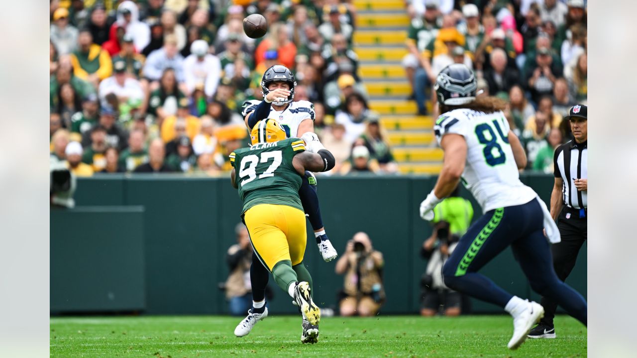 Seattle Seahawks defensive end Dre'Mont Jones (55) spikes the ball after a  teammate scored a touchdown during an NFL preseason game against the Green  Bay Packers Saturday, Aug. 26, 2023, in Green