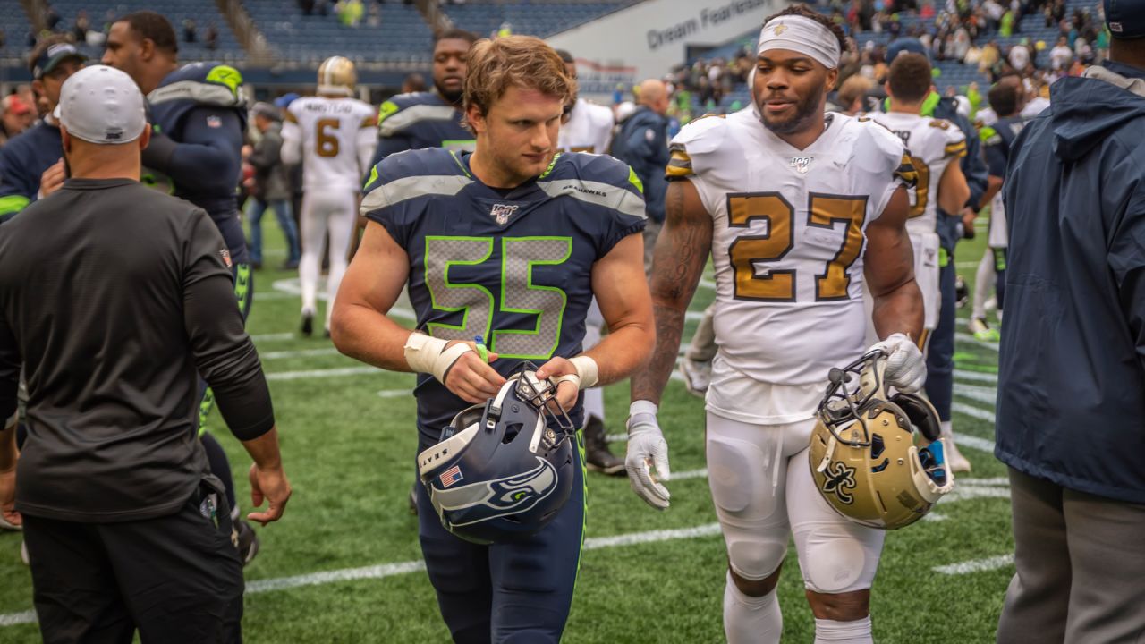 Seattle Seahawks linebacker Ben Burr-Kirven (55) reacts after the NFL  football game against the San Francisco 49ers, Sunday, Jan. 3, 2021, in  Glendale, Ariz. (AP Photo/Jennifer Stewart Stock Photo - Alamy