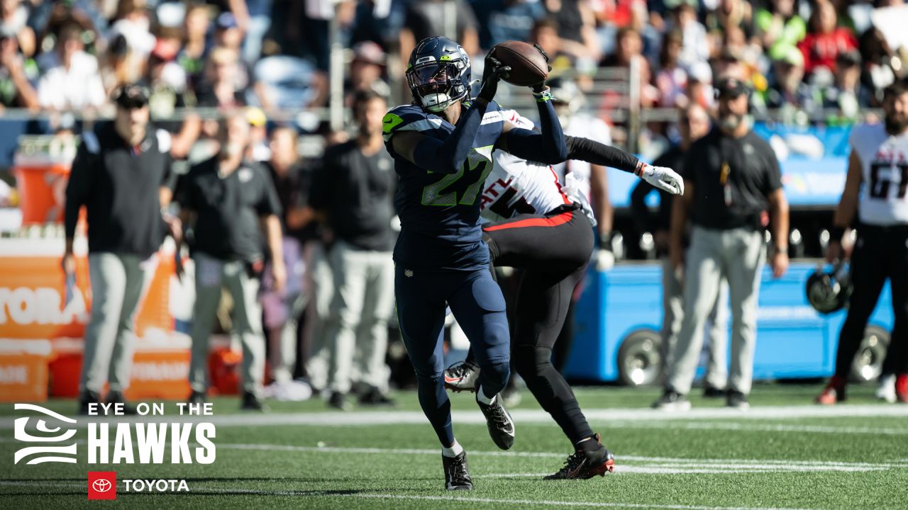 Seattle Seahawks defensive back Tariq Woolen is pictured during an NFL  football game against the Atlanta Falcons, Sunday, Sept. 25, 2022, in  Seattle. The Falcons won 27-23. (AP Photo/Stephen Brashear Stock Photo -  Alamy