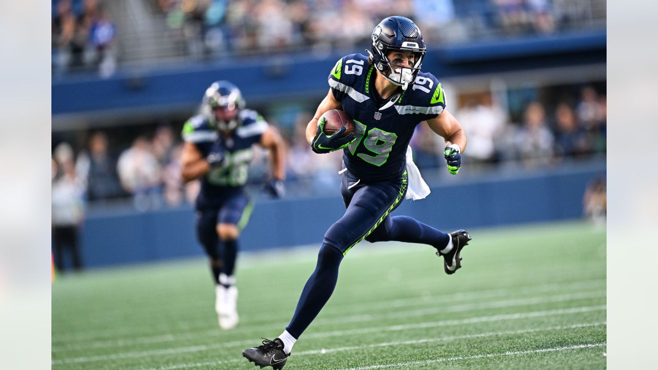 Seattle Seahawks running back SaRodorick Thompson Jr. (29) runs with the  ball during an NFL pre-season football game against the Minnesota Vikings,  Thursday, Aug. 10, 2023 in Seattle. (AP Photo/Ben VanHouten Stock