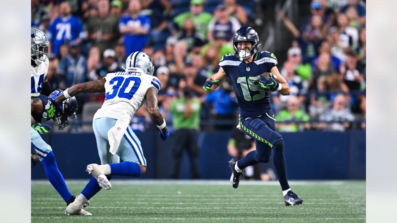 Seattle Seahawks quarterback Holton Ahlers looks to pass against the Dallas  Cowboys during the first half of a preseason NFL football game Saturday,  Aug. 19, 2023, in Seattle. (AP Photo/Stephen Brashear Stock