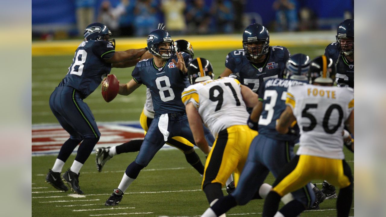 Helmets for the Pittsburgh Steelers and the Seattle Seahawks are displayed  during a news conference in Detroit Thursday, Feb. 2, 2006. Super Bowl XL  will feature the AFC Champion Pittsburgh Steelers against