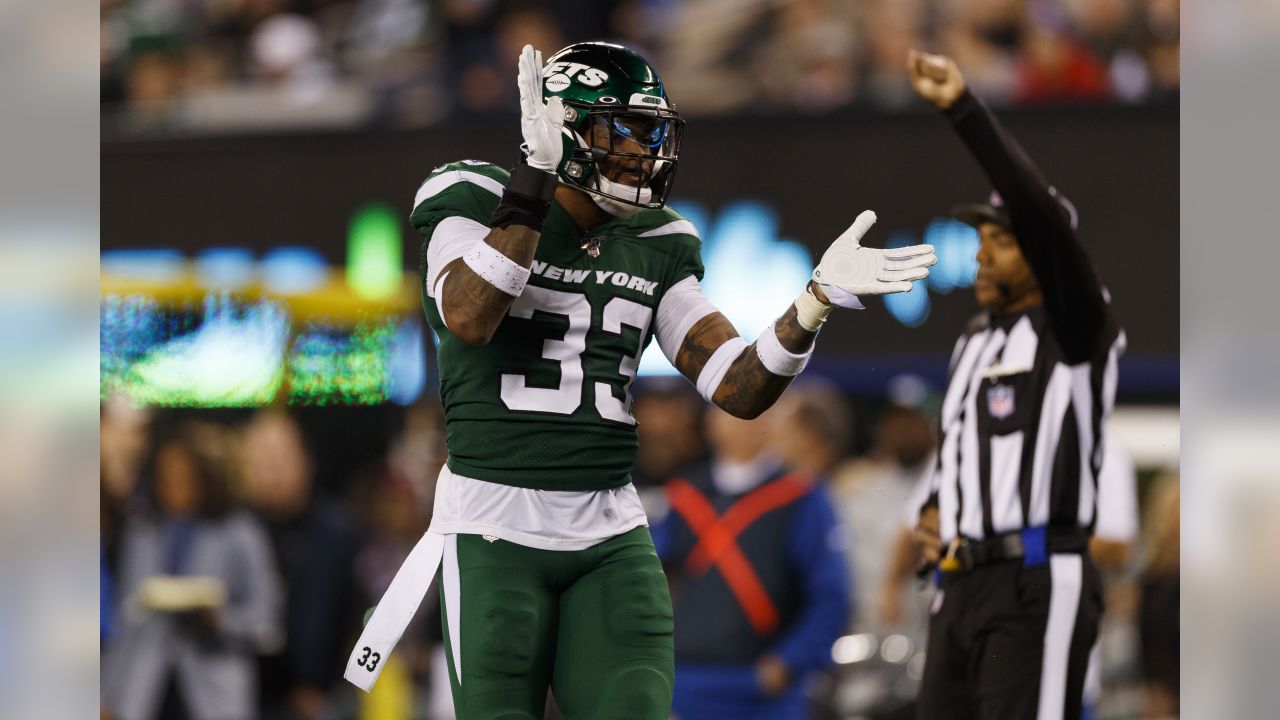 East Rutherford, New Jersey, USA. 24th Nov, 2019. New York Jets strong  safety Jamal Adams (33) reacts after a play during a NFL game between the  Oakland Raiders and the New York