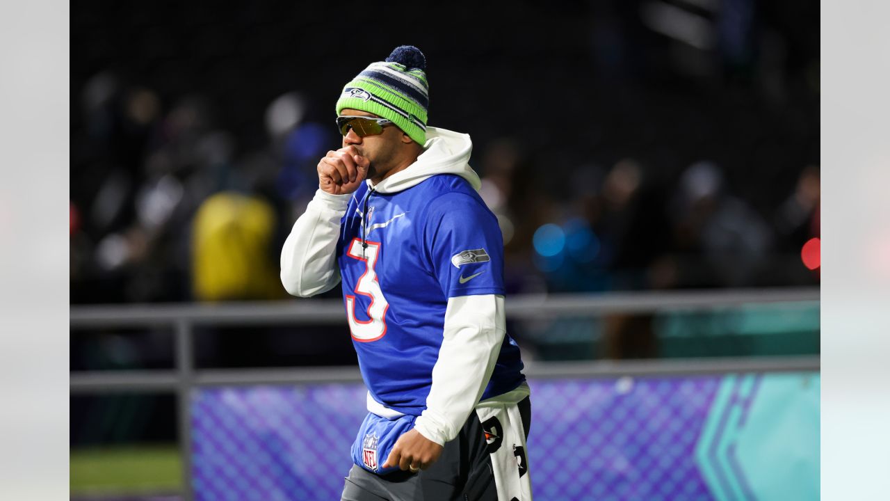 NFC cornerback Trevon Diggs of the Dallas Cowboys celebrates with Seattle  Seahawks Russell Wilson after competing in the Best Catch event at the 2022  Pro Bowl Skills Showdown Wednesday, February 2, 2022