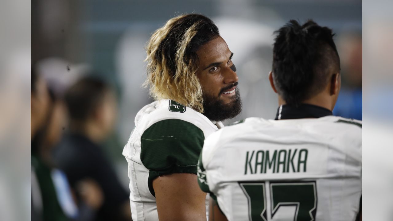 Seattle Seahawks wide receiver John Ursua makes a catch during warmups  before an NFL football preseason game against the Oakland Raiders,  Thursday, Aug. 29, 2019, in Seattle. (AP Photo/Elaine Thompson Stock Photo 