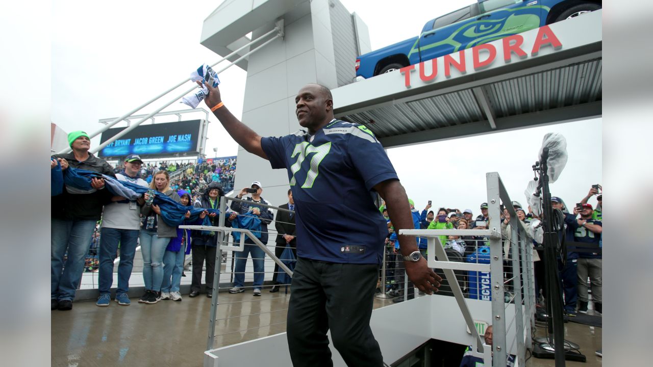 Seahawks Legends - Jacob Green, Joe Nash and Jeff Bryant raising the 12  Flag Sept. 22nd, 2019 vs the New Orleans Saints, for Alumni weekend at  Century Link Field.