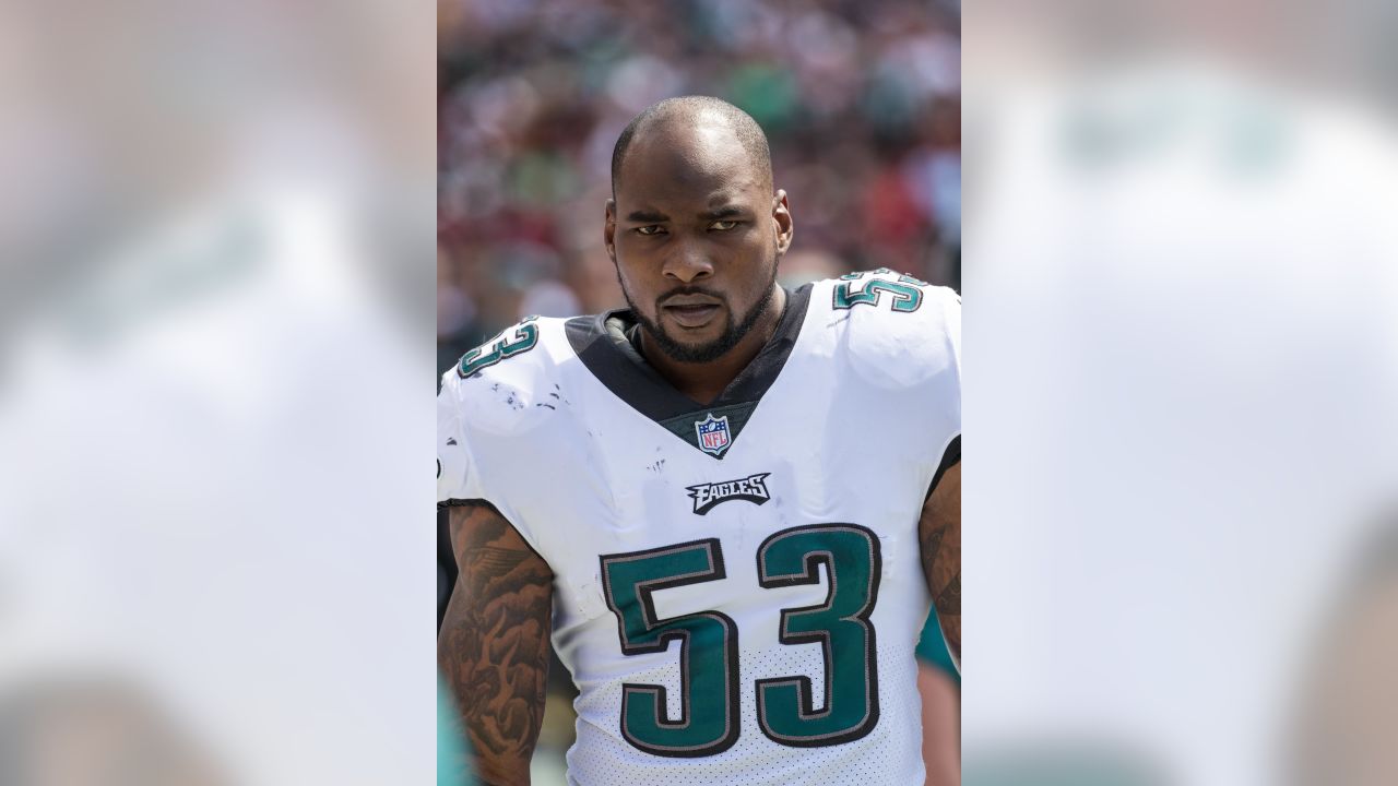 Philadelphia Eagles offensive guard Isaac Seumalo (73) looks at the  scoreboard replay of a fumble his team returned for a touchdown in the  fourth quarter against the Washington Redskins at FedEx Field