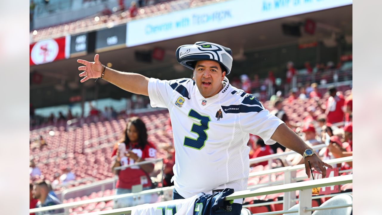 San Francisco 49ers quarterback Trey Lance warms up in a Crucial Catch shirt  before an NFL football game between the 49ers and the Seattle Seahawks in  Santa Clara, Calif., Sunday, Oct. 3