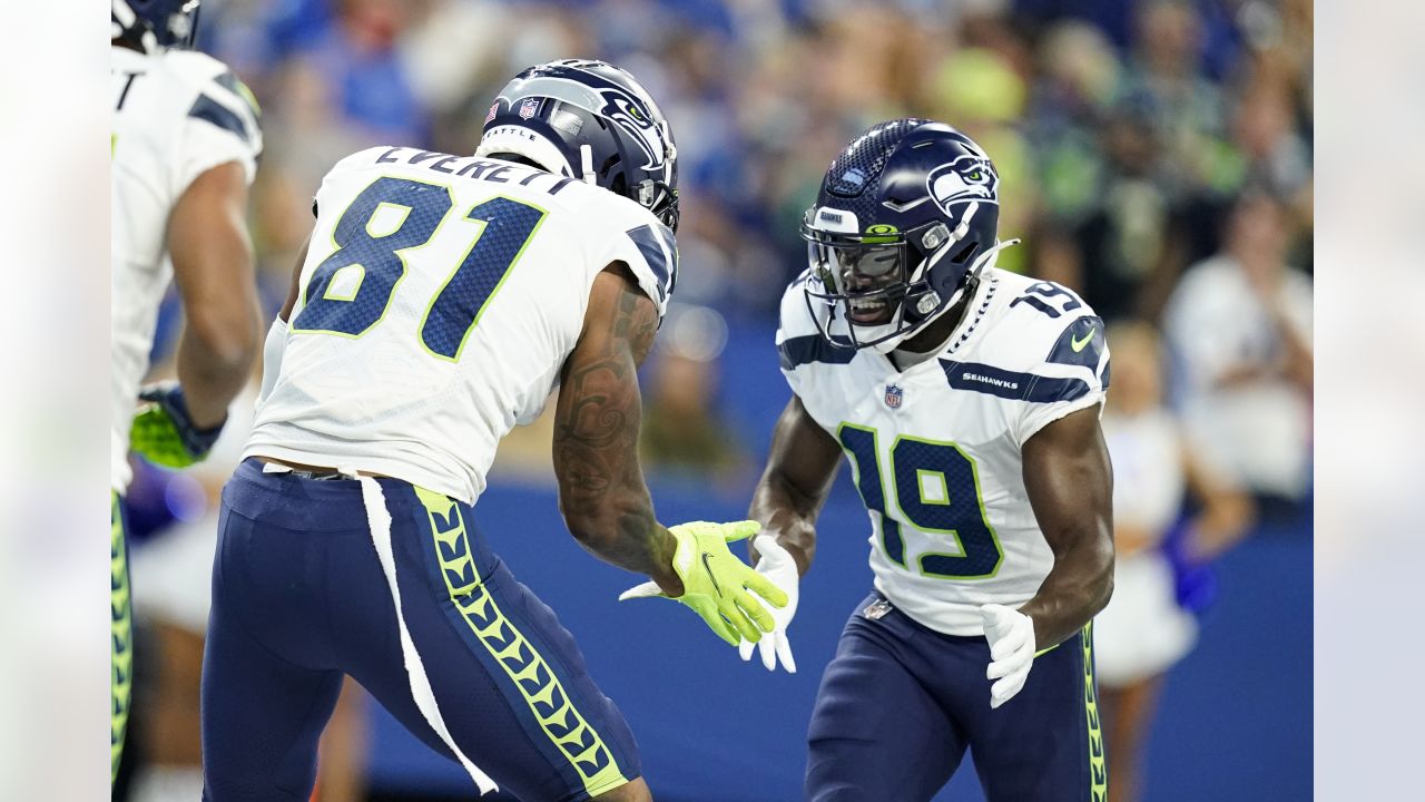 Seattle Seahawks wide receiver Tyler Lockett (16) celebrates as he scores a  touchdown against the Indianapolis Colts during the first half of an NFL  football game in Indianapolis, Sunday, Sept. 12, 2021. (