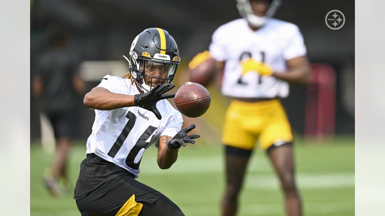 Pittsburgh Steelers safety Elijah Riley (37) runs after intercepting a pass  during the NFL football team's training camp workout in Latrobe, Pa.,  Thursday, July 27, 2023. (AP Photo/Gene J. Puskar Stock Photo - Alamy