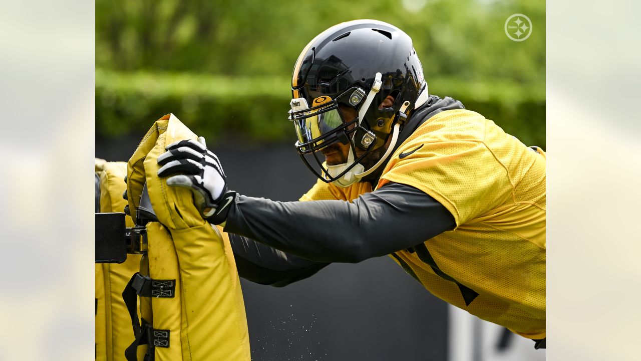 Pittsburgh Steelers safety Elijah Riley (37) runs after intercepting a pass  during the NFL football team's training camp workout in Latrobe, Pa.,  Thursday, July 27, 2023. (AP Photo/Gene J. Puskar Stock Photo - Alamy