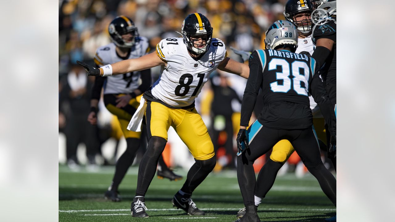 Pittsburgh Steelers tight end Zach Gentry (81) lines up during the first  half of an NFL football game against the Atlanta Falcons, Sunday, Dec. 4,  2022, in Atlanta. The Pittsburgh Steelers won