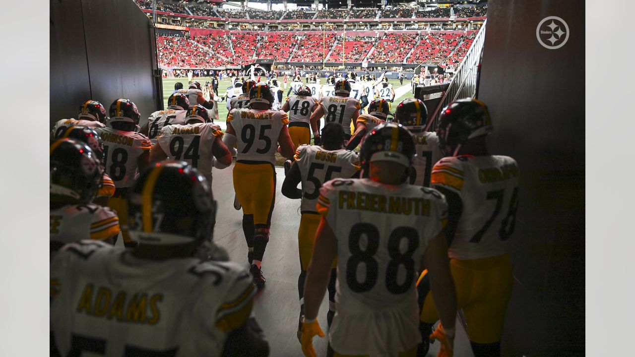 Pittsburgh Steelers wide receiver Steven Sims (82) runs the ball during the  first half of an NFL football game against the Atlanta Falcons, Sunday,  Dec. 4, 2022, in Atlanta. The Pittsburgh Steelers