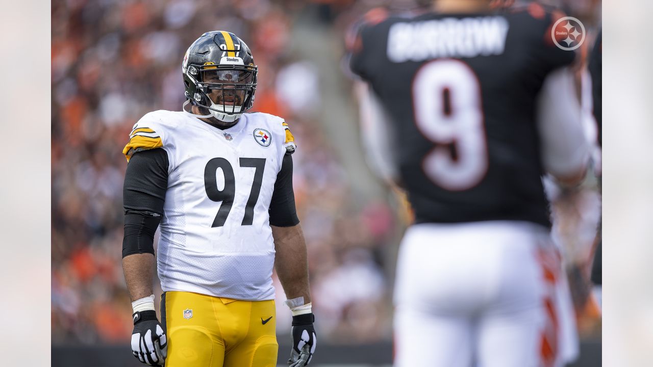 Pittsburgh Steelers defensive tackle Cameron Heyward (97) during warmups of  the Steelers 26-20 preseason win over the Detroit Lions at Heinz Field on  August 21, 2021 in Pittsburgh. Photo by Archie Carpenter/UPI