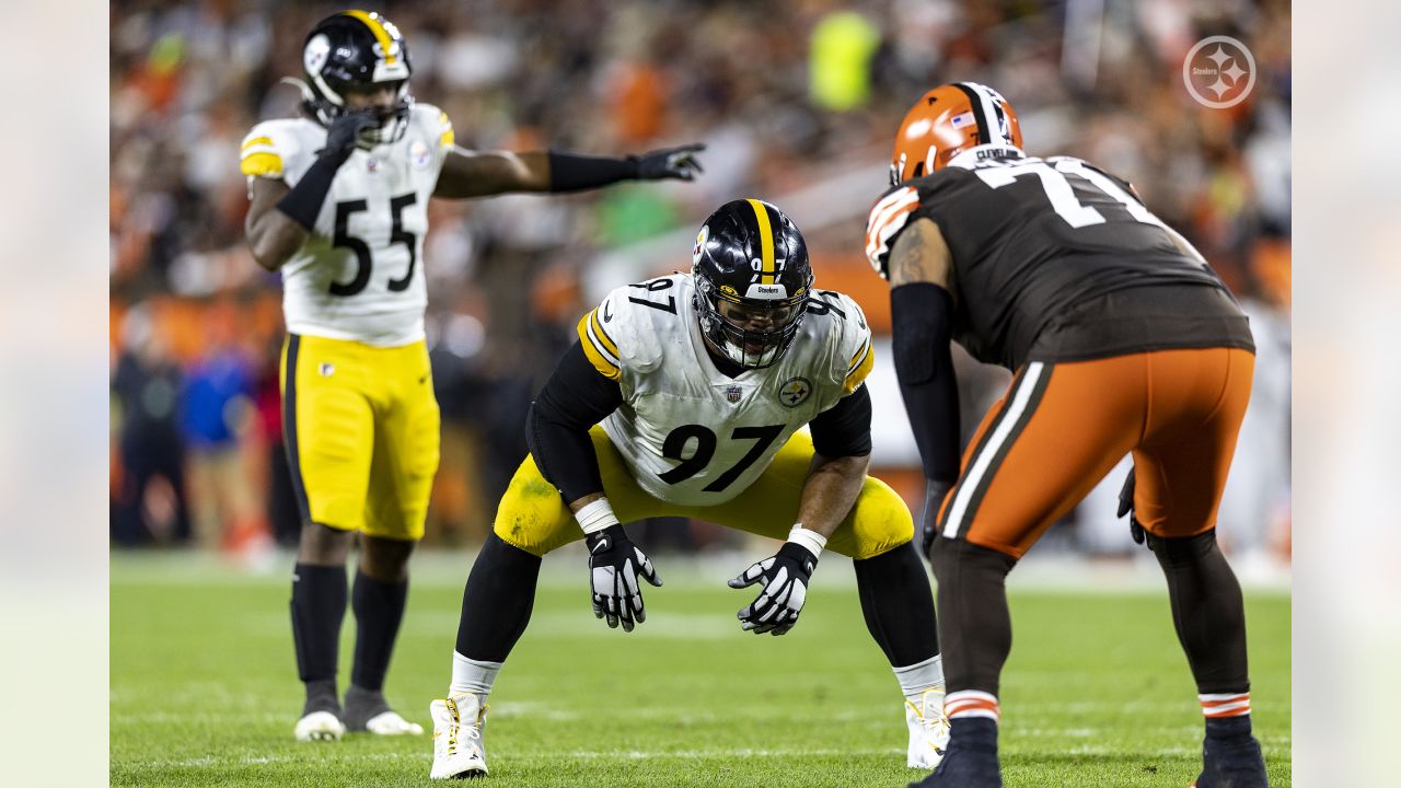 Pittsburgh Steelers defensive tackle Cameron Heyward (97) during warmups of the  Steelers 26-20 preseason win over the Detroit Lions at Heinz Field on  August 21, 2021 in Pittsburgh. Photo by Archie Carpenter/UPI