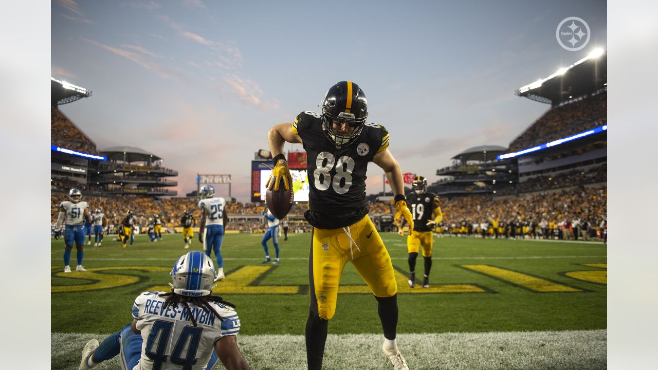 Pittsburgh Steelers tight end Pat Freiermuth (88) celebrates after catching  a touchdown pass against the Detroit Lions during an NFL football game,  Saturday, Aug. 21, 2021 in Pittsburgh, PA (AP Photo/Matt Durisko