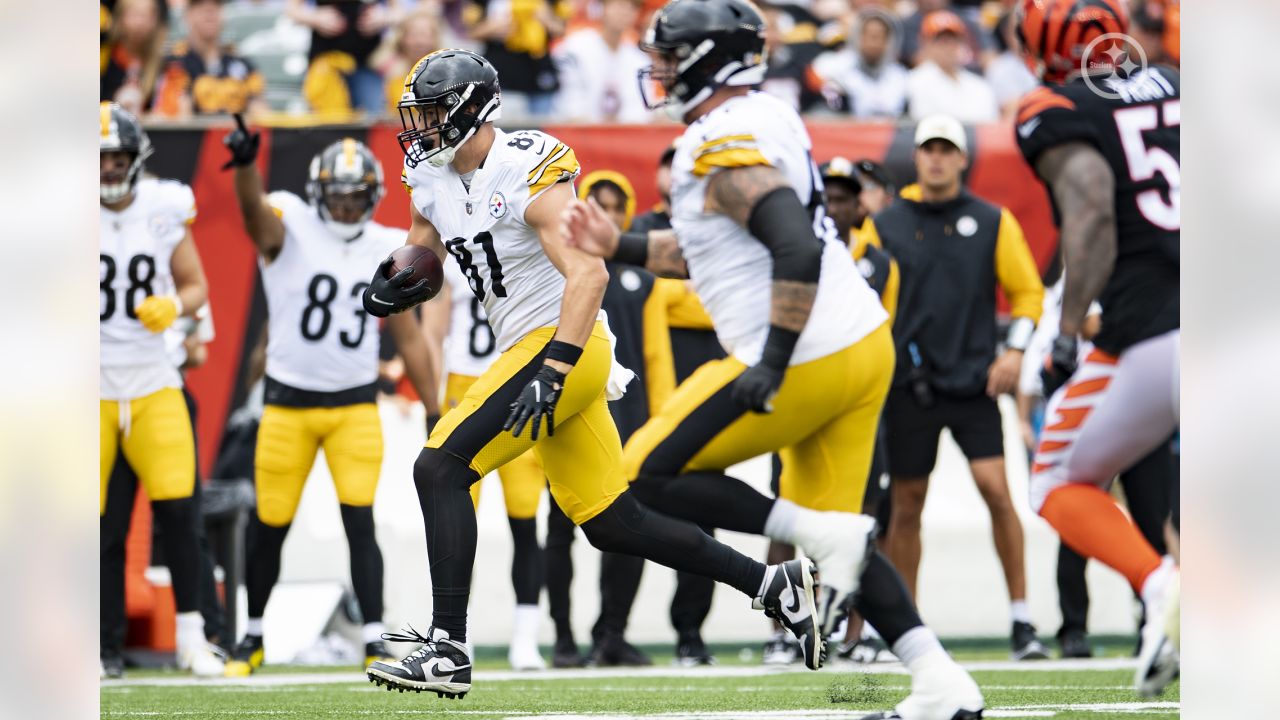 Pittsburgh Steelers tight end Zach Gentry (81) lines up during the first  half of an NFL football game against the Atlanta Falcons, Sunday, Dec. 4,  2022, in Atlanta. The Pittsburgh Steelers won