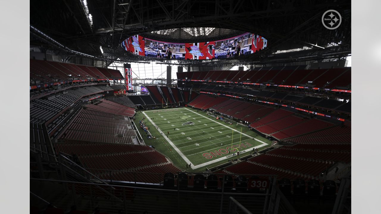 A general overall interior view of Mercedes-Benz Stadium as the Atlanta  Falcons take on the Green Bay Packers during an NFL football game, Sunday,  Sep. 17, 2023, in Atlanta. The Atlanta Falcons