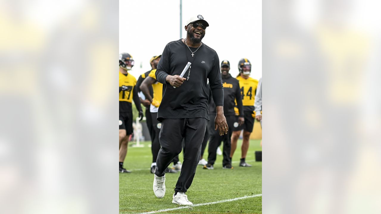 Pittsburgh Steelers safety Elijah Riley (37) runs after intercepting a pass  during the NFL football team's training camp workout in Latrobe, Pa.,  Thursday, July 27, 2023. (AP Photo/Gene J. Puskar Stock Photo - Alamy