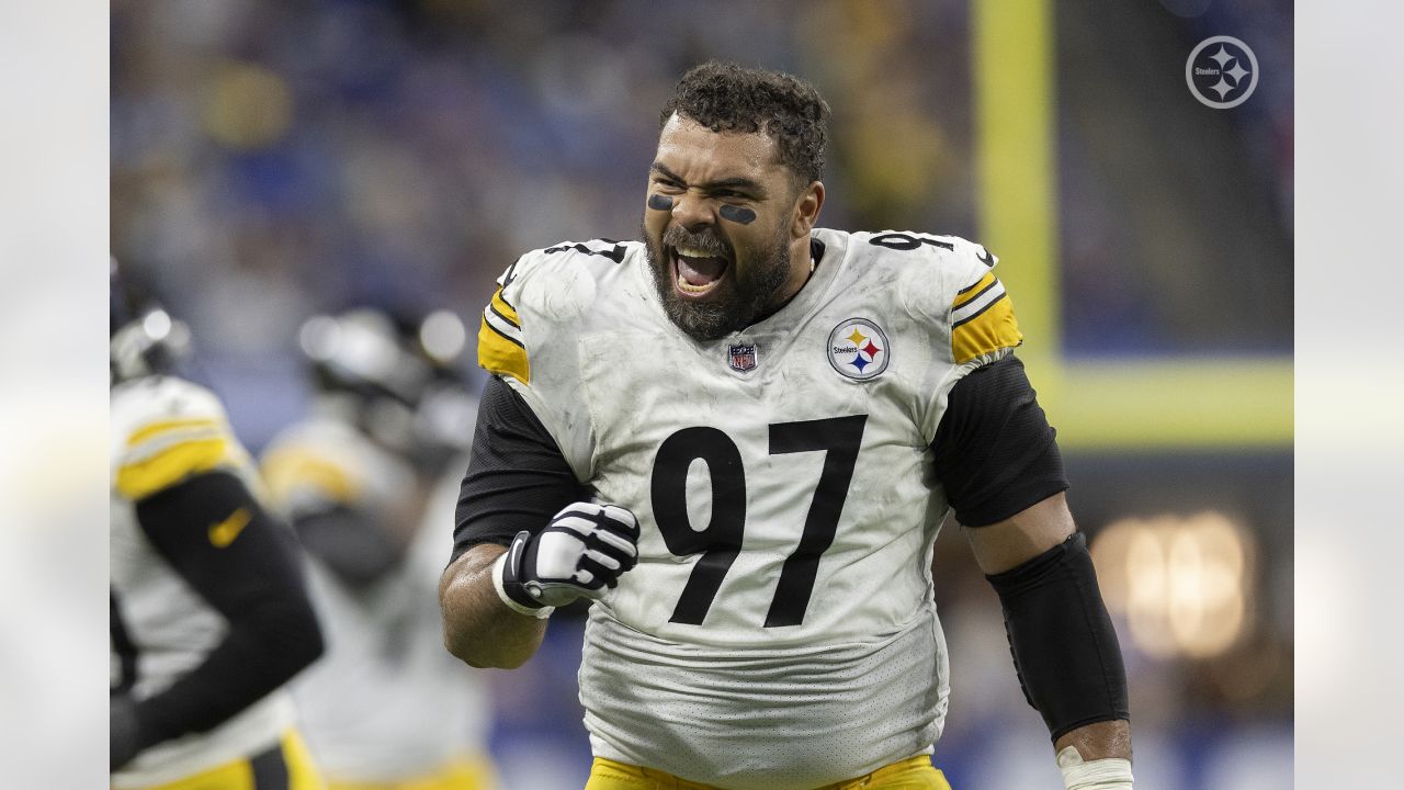 Pittsburgh Steelers defensive tackle Cameron Heyward (97) during warmups of  the Steelers 26-20 preseason win over the Detroit Lions at Heinz Field on  August 21, 2021 in Pittsburgh. Photo by Archie Carpenter/UPI