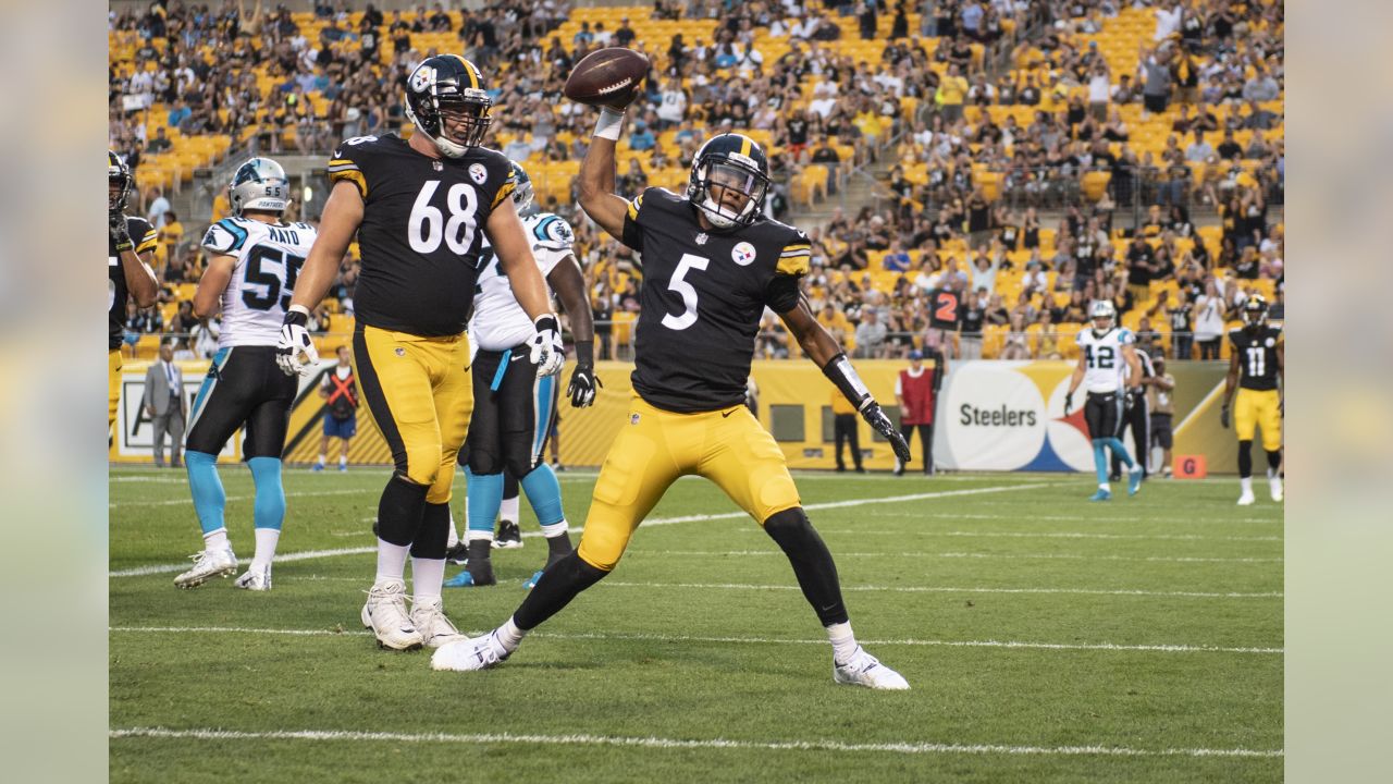 Pittsburgh Steelers defensive back Jordan Dangerfield (37) runs off the  field following the Steelers 52-21 win against the Carolina Panthers at  Heinz Field in Pittsburgh on November, 2018. Photo by Archie Carpenter/UPI