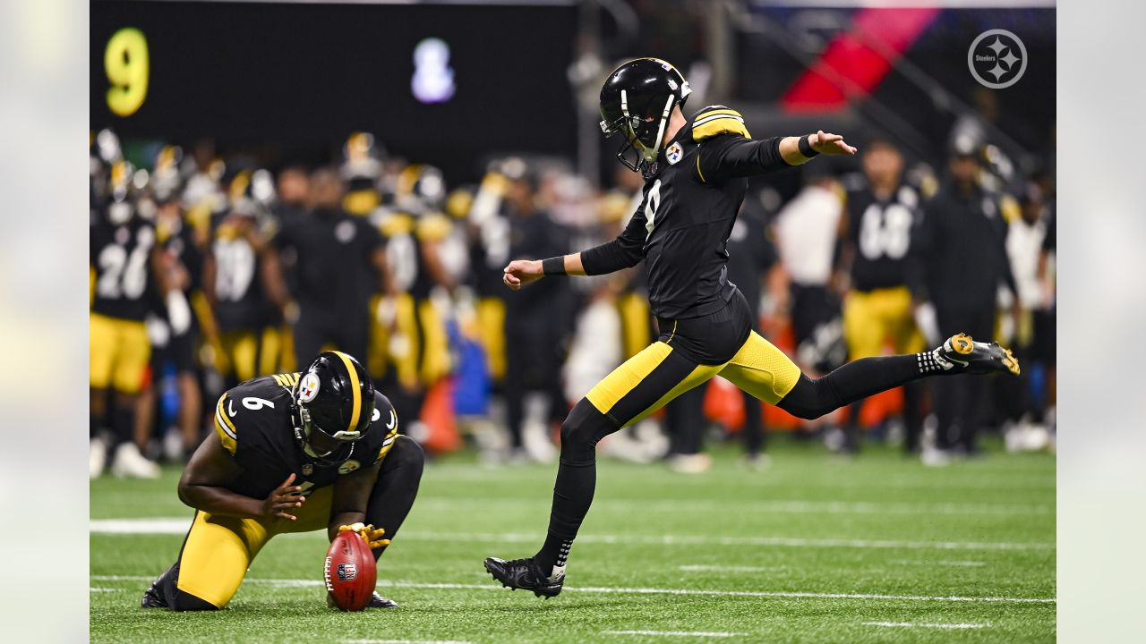 Pittsburgh Steelers punter Pressley Harvin III (6) punts during the first  half of an NFL preseason football game against the Atlanta Falcons,  Thursday, Aug. 24, 2023, in Atlanta. The Pittsburgh Steelers won