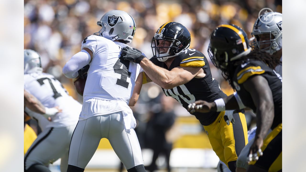 Pittsburgh Steelers outside linebacker T.J. Watt (90) sacks Las Vegas  Raiders quarterback Derek Carr (4) in an NFL football game, Sunday, Sept.  19, 2021, in Pittsburgh. (AP Photo/Keith Srakocic Stock Photo - Alamy