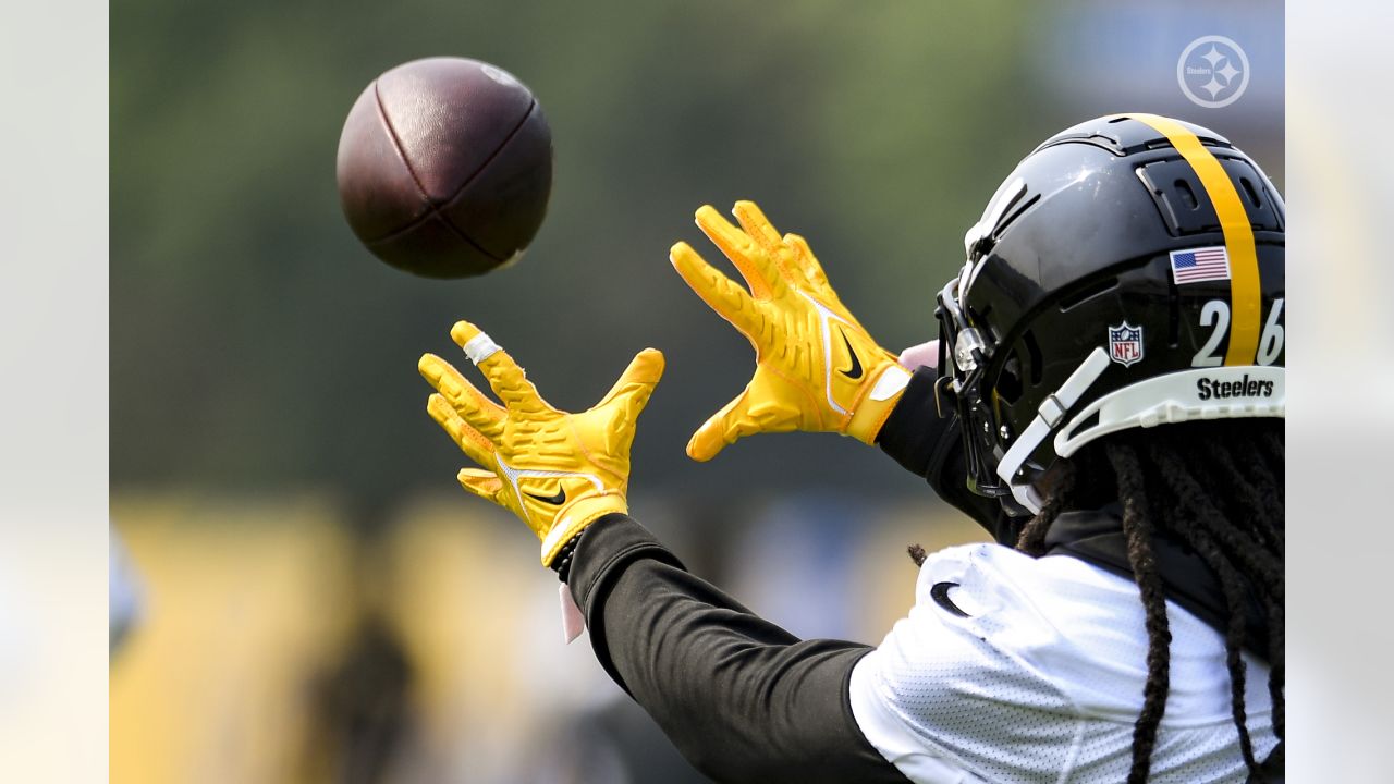 Pittsburgh Steelers safety Elijah Riley (37) runs after intercepting a pass  during the NFL football team's training camp workout in Latrobe, Pa.,  Thursday, July 27, 2023. (AP Photo/Gene J. Puskar Stock Photo - Alamy