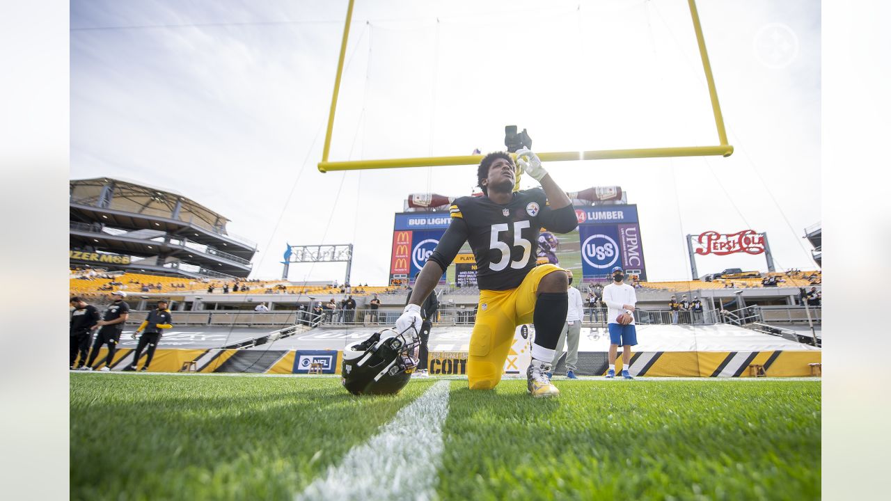 Pittsburgh Steelers linebacker Devin Bush (55) during an NFL football  training camp practice, Monday, Aug. 24, 2020, in Pittsburgh. (AP  Photo/Keith Srakocic Stock Photo - Alamy