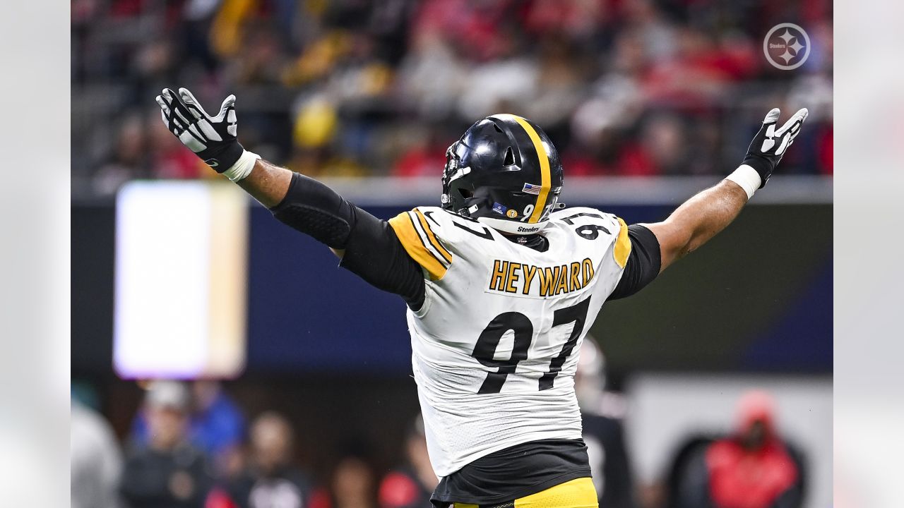 Pittsburgh Steelers defensive tackle Cameron Heyward (97) displays a social  justice message and Salute to Service stickers on the back of his helmet  during warmups before an NFL football game against the