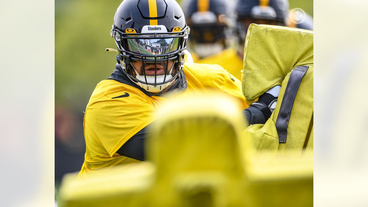 Pittsburgh Steelers safety Elijah Riley (37) runs after intercepting a pass  during the NFL football team's training camp workout in Latrobe, Pa.,  Thursday, July 27, 2023. (AP Photo/Gene J. Puskar Stock Photo - Alamy