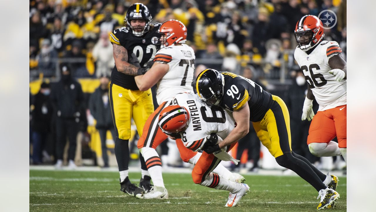 FILE--In this Aug. 20, 2017, file photo, Pittsburgh Steelers linebacker  T.J. Watt (90) leaps to defend during an NFL preseason football game  against the Atlanta Falcons in Pittsburgh. Watt has spent his