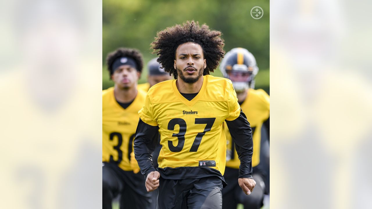 Pittsburgh Steelers safety Elijah Riley (37) runs after intercepting a pass  during the NFL football team's training camp workout in Latrobe, Pa.,  Thursday, July 27, 2023. (AP Photo/Gene J. Puskar Stock Photo - Alamy