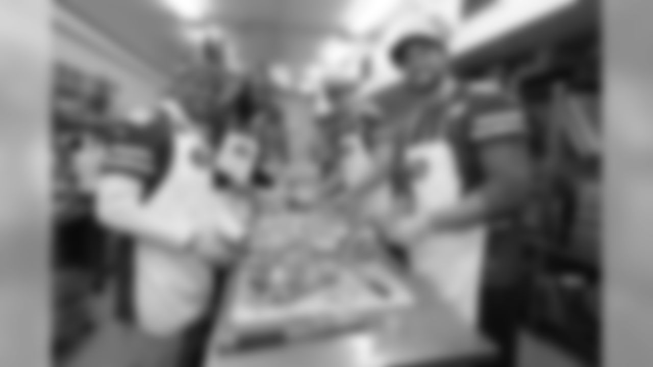 (From left to right) CB Greg Mabin, DB Dexter McCoil, P Bradley Pinion and TE Garrett Celek.49ers and CityTeam Serve Thanksgiving Dinner