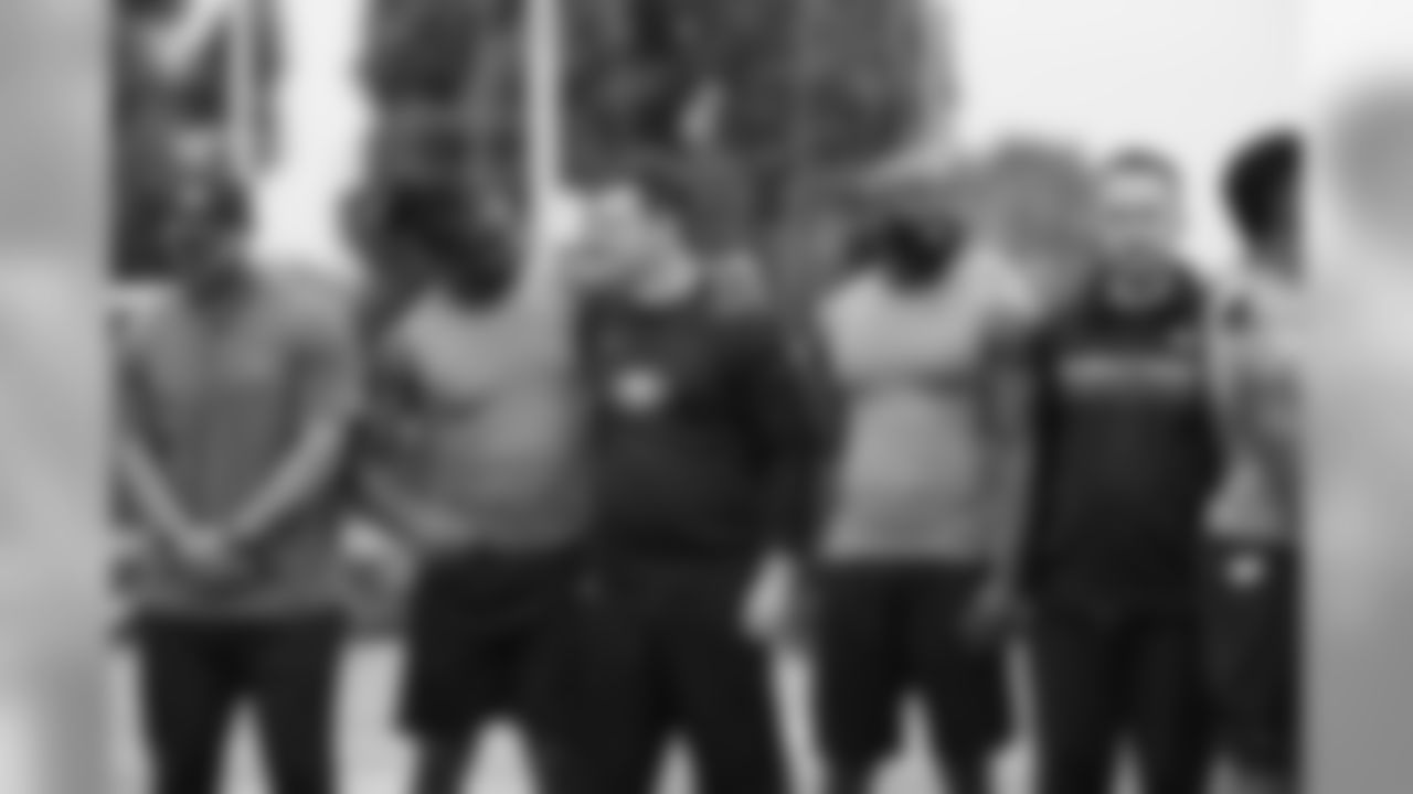 Assistant Strength & Conditioning Coach Dustin Perry, RB Jerick McKinnon, Quarterbacks Coach Rich Scangrello, WR Aldrick Robinson and Defensive Backs Coach Jeff Hafley