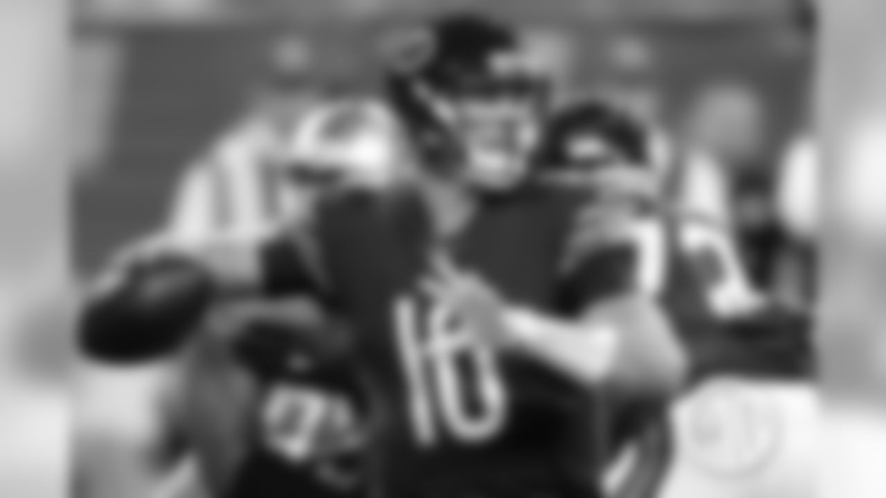 No one fires the ball like quarterback Mitchell Trubisky, who set Bears rookie passing records last season with 196 completions and 2,193 yards.
Photo credit: Scott Boehm / AP Photo