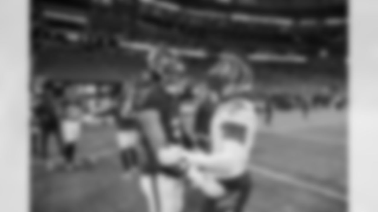 Former Bengals S Jessie Bates III (left) talks with CB Mike Hilton before kickoff of the Bengals-Falcons game in week 2 of the 2023 preseason.