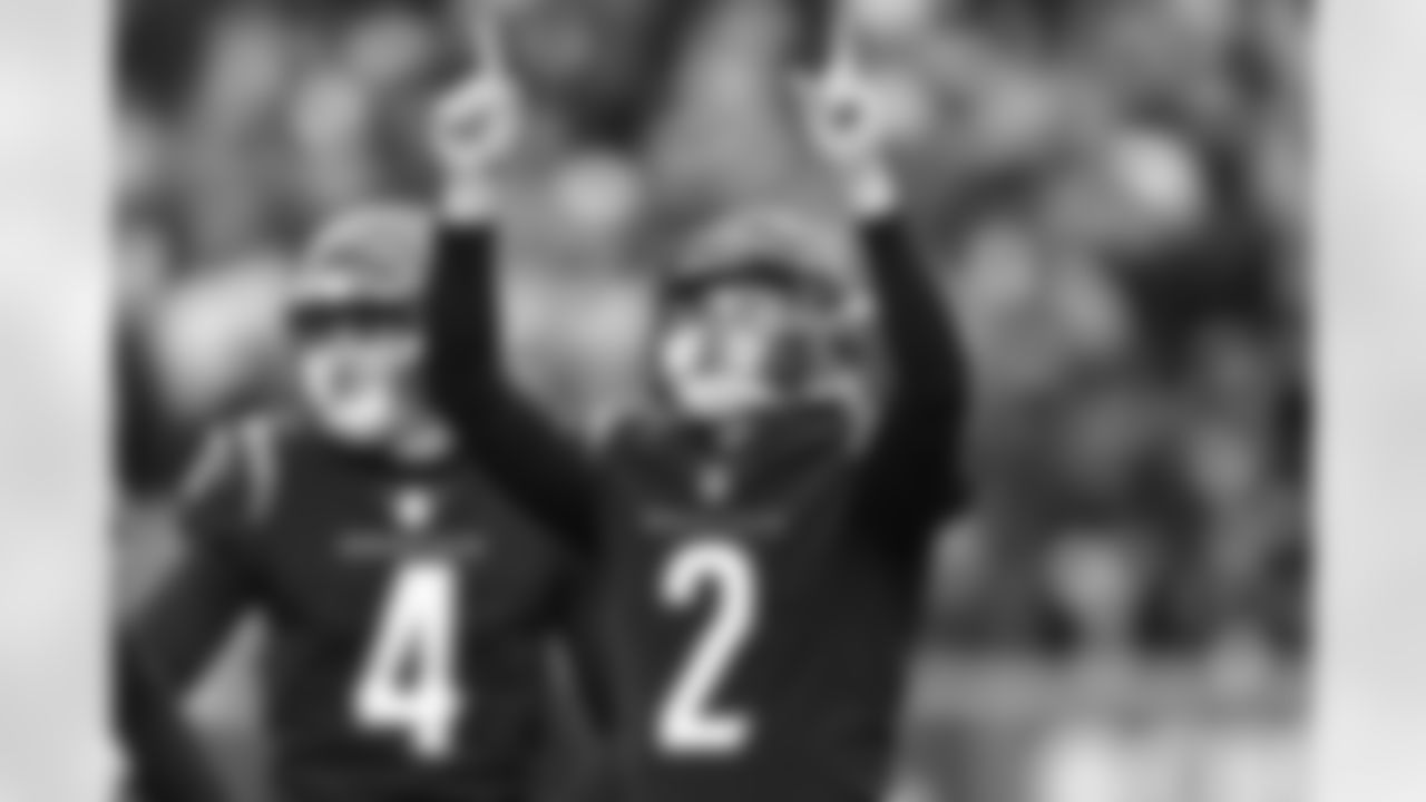 K Evan McPherson celebrates a made field goal during the fourth quarter of the Browns-Bengals game in Week 14 at Paycor Stadium in Cincinnati, Ohio.